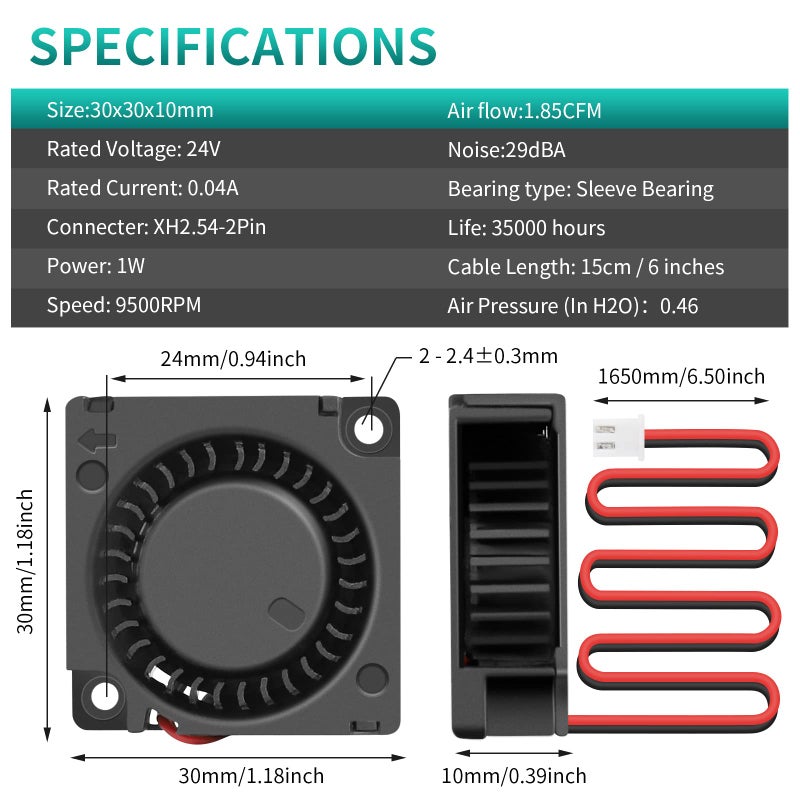 Wathai 2Packs Wathai 30mm 24V Blower Fan Brushless Exhaust Fan 2pin 30 x 30 x 10mm for DIY Cooling Single Board Computer, Custom Setu, Hotend - Image 2